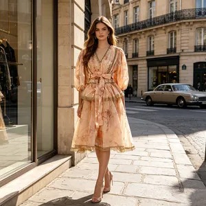 Detailed view of elegant French V-neck puff sleeve dress with lace trim and floral print