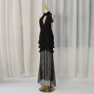 Elegant black halter deep V lace mermaid dress with ruffle details for evening wear