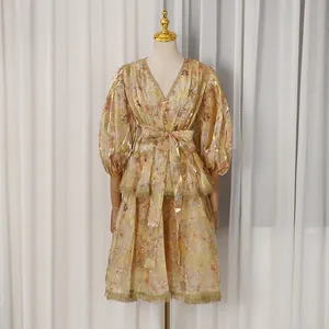 Elegant French palace style V-neck puff sleeve floral midi dress with intricate lace trim