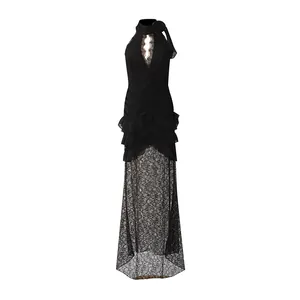 Elegant black lace halter deep V evening dress with ruffle fishtail hem for women