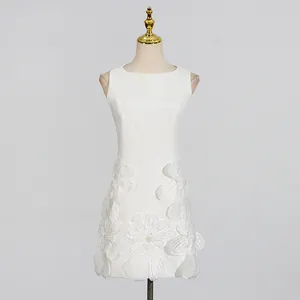 French style white sleeveless mini dress featuring delicate 3D embroidered floral appliques