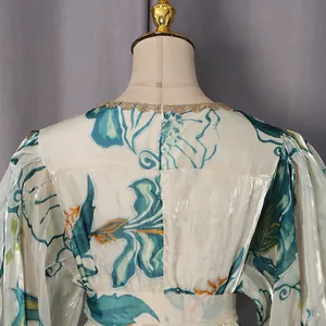 Close-up of the elegant lace trim collar and floral print on the back of the dress.