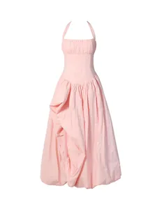 Elegante Franse stijl lichtroze halter maxi-jurk met korset voor dames