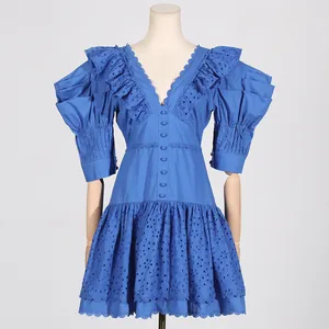 Elegant French style blue V-neck dress with puff sleeves and exquisite embroidery