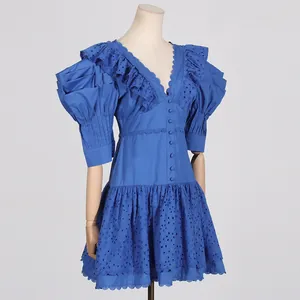 Close-up detail of blue French court style V-neck puff sleeve dress with embroidery