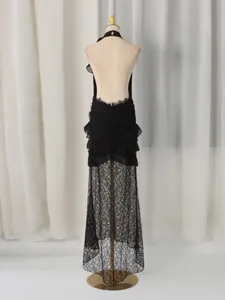 Elegant black lace halter backless mermaid dress with layered ruffles and floral lace