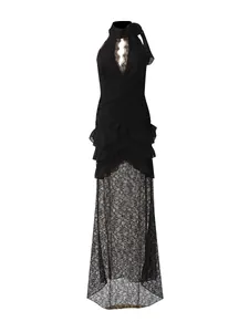 Elegant black lace halter deep V-neck ruffled fishtail maxi evening dress for women