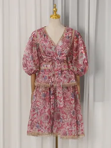 French floral V-neck midi dress with puff sleeves, high waist and lace trim detail
