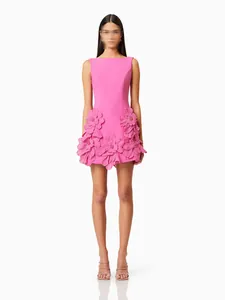 Women's French Sweet Sleeveless Round Neck Dimensional Floral Applique Mini Dress Polyester Cotton Slim Dating Party Dress