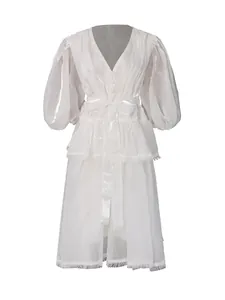 Elegant French style V-neck puff sleeve lace midi dress in white pearlescent fabric