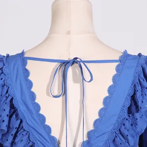 Detail of blue French style dress showing ruffled V-neck and delicate eyelet lace texture