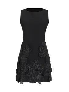 Elegant sleeveless black mini dress with detailed 3D floral appliqués for a sweet date look.