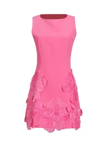 Elegant pink sleeveless mini dress featuring large 3D floral appliqués and round neck