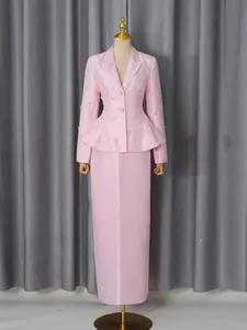 Elegant pink satin blazer and long skirt set with crystal bow embellishments