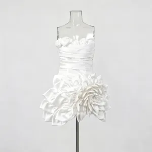 White strapless mini dress with 3D floral petal skirt for luxury evening party wear
