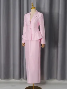 Elegant pink satin blazer and long skirt two-piece set with crystal bow embellishments