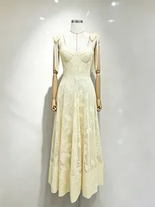 Elegant cream floral embroidered long dress with bow straps for women summer style.