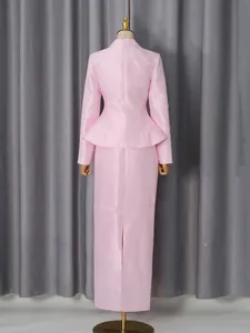 Elegant pink satin blazer and maxi skirt two-piece suit set back view for women