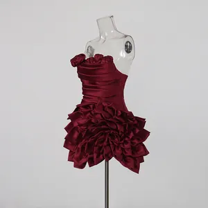 Detailed view of wine red strapless dress with 3D floral petals for women