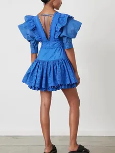 Elegant French style blue eyelet dress with ruffled V-back and high waist design