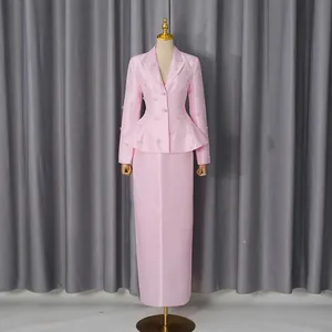 Elegant celebrity style pink satin two-piece suit set with embellished blazer and skirt