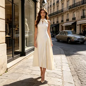 Elegant French style white sleeveless dress with lapel hollow design and pleated skirt