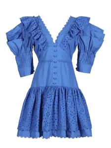 Blue French style V-neck mini dress with ruffled puff sleeves and eyelet embroidery