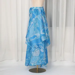 Detailed macro view of a blue printed irregular hem midi skirt on a studio mannequin