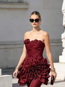Elegant burgundy strapless mini dress with stunning 3D floral petals for women