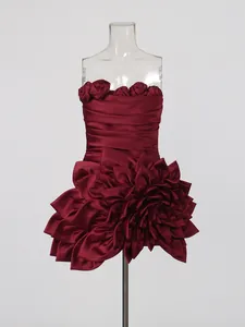 Elegant wine red strapless cocktail mini dress with exquisite 3D floral petal design