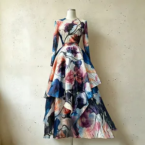 Elegant vintage floral print satin long sleeve top and irregular tiered maxi skirt set
