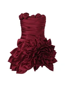 Elegant burgundy strapless mini dress featuring exquisite 3D floral petals and satin finish