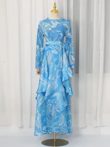 Elegant vintage blue abstract print long sleeve satin top and irregular maxi skirt set
