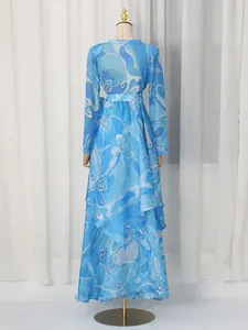 Vintage blue floral print satin top and asymmetrical ruffled skirt set for women
