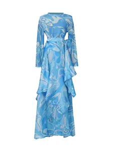 Vintage satin set with blue print crew neck top and asymmetrical ruffled skirt