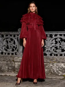 Elegant burgundy pleated maxi dress with lantern sleeves and ruffled collar detail