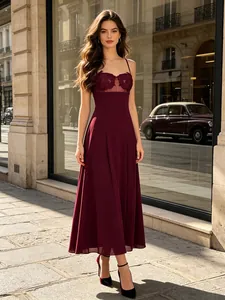 Eleganter Weinrotes Bankettkleid Für Damen Sommer Stickerei Ausschnitt Camisole A-Linie Maxi Kleid Polyester Baumwollmischung Kleid