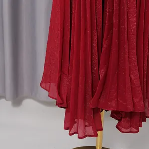 Close-up of dark red pleated chiffon fabric with subtle shimmery silver thread finish.