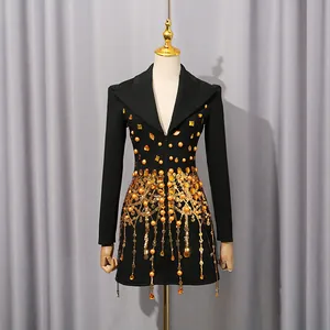 Elegant black blazer dress with gold sequins, tassels, and luxury vintage palace style.
