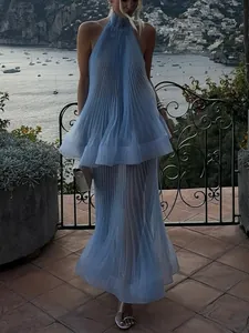 Women Halter Neck Sleeveless Pleated Maxi Dress Elegant Tiered Ruffle Hem Solid Color Polyester Vacation Party Long Dress