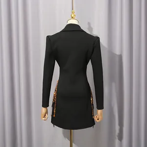 Elegant black blazer dress back view featuring intricate gold sequin fringe and embroidery details
