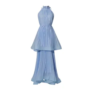 Elegant light blue halter neck pleated tiered maxi dress for summer vacation style