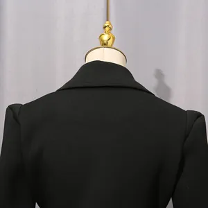Close-up detail of the back collar and shoulder of a black vintage style suit dress