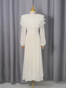 Elegant cream chiffon pleated maxi dress with lantern sleeves and ruffled collar