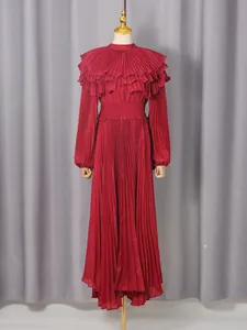 Elegant red pleated chiffon maxi dress with lantern sleeves and ruffles for women