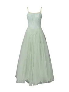 Elegant mint green embroidered spaghetti strap tulle prom dress for bridesmaid wedding