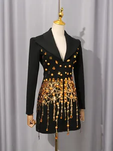 Vintage luxury black blazer dress with gold sequins tassels and rhinestone detailing