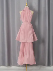 Elegant pink halter sleeveless pleated maxi dress for summer vacation and formal events.