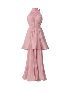 Elegant pink halter neck sleeveless pleated tiered long dress for summer vacation style.