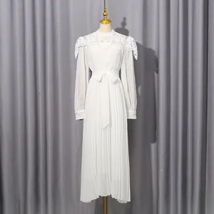 Elegant white long sleeve pleated chiffon dress with lace collar and waist bow detail
